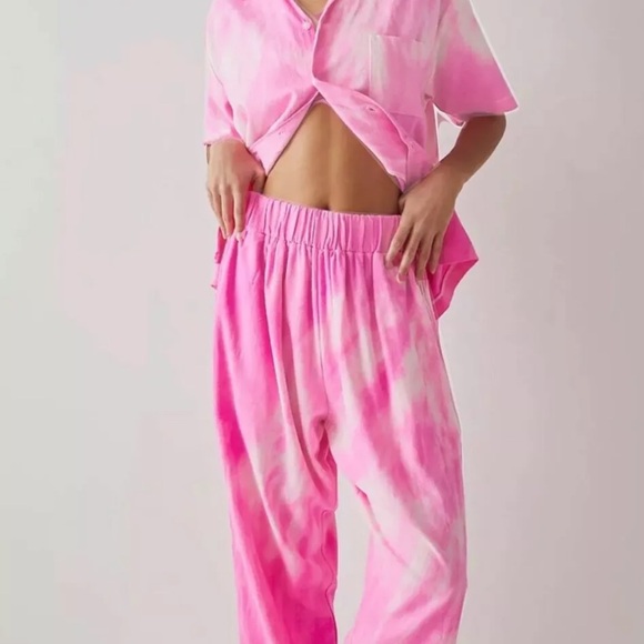 Free People Riverside Tool & Dye Louie Pants Raw Silk Tie Dye Pink White - Picture 2 of 6